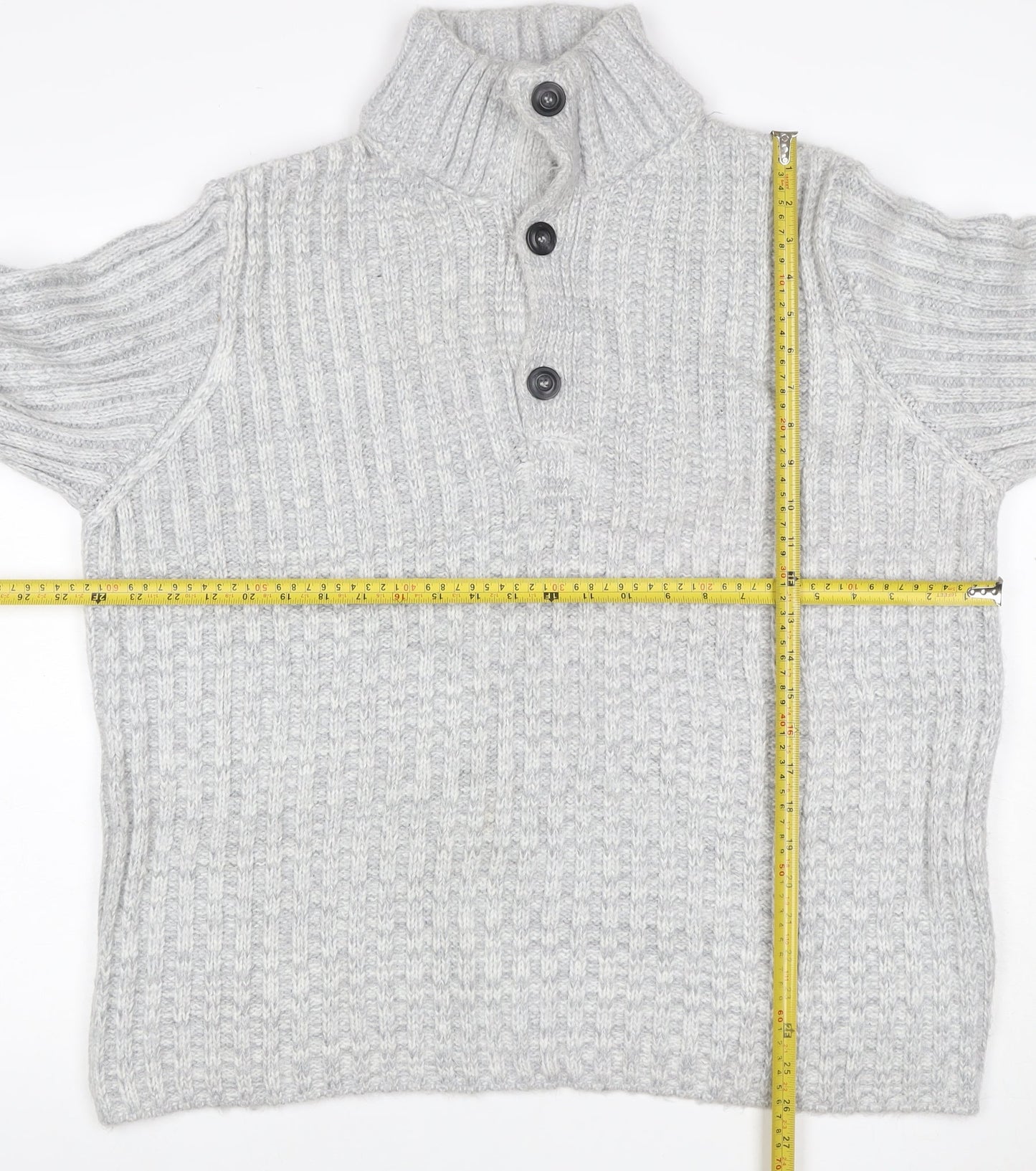 John Lewis Men Grey M Chunky Knit High Neck Button Henley Jumper