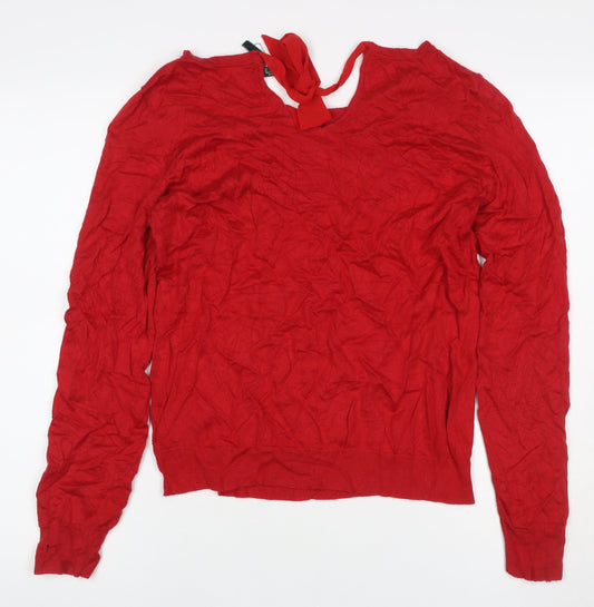 Lauren Ralph Lauren Women Red L Silk Blend Tie Neck Knit Blouse