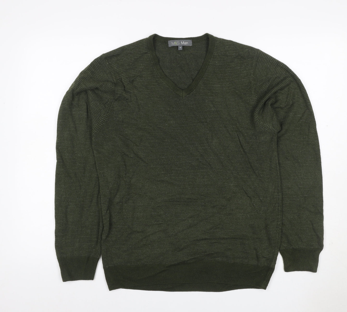 Marks and Spencer Men Green M V-Neck Acrylic Knit Pullover Jumper