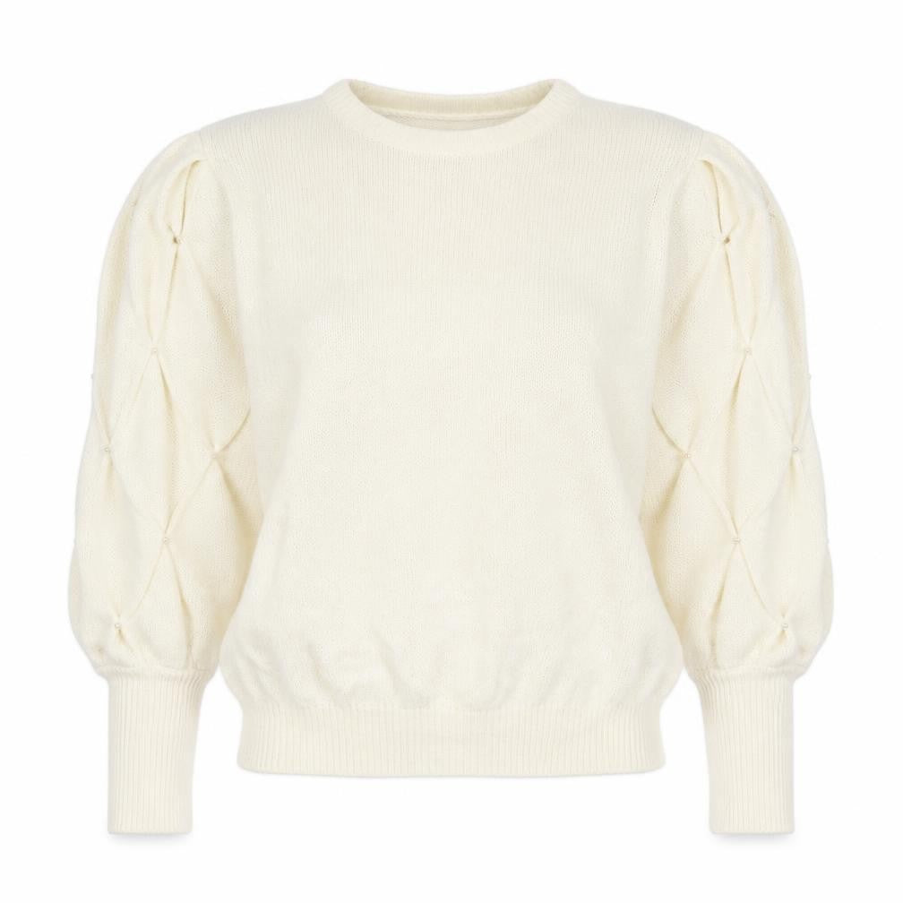 Front view of Clock House Women Ivory UK 10 Beaded Puff Sleeve Crew Neck Jumper