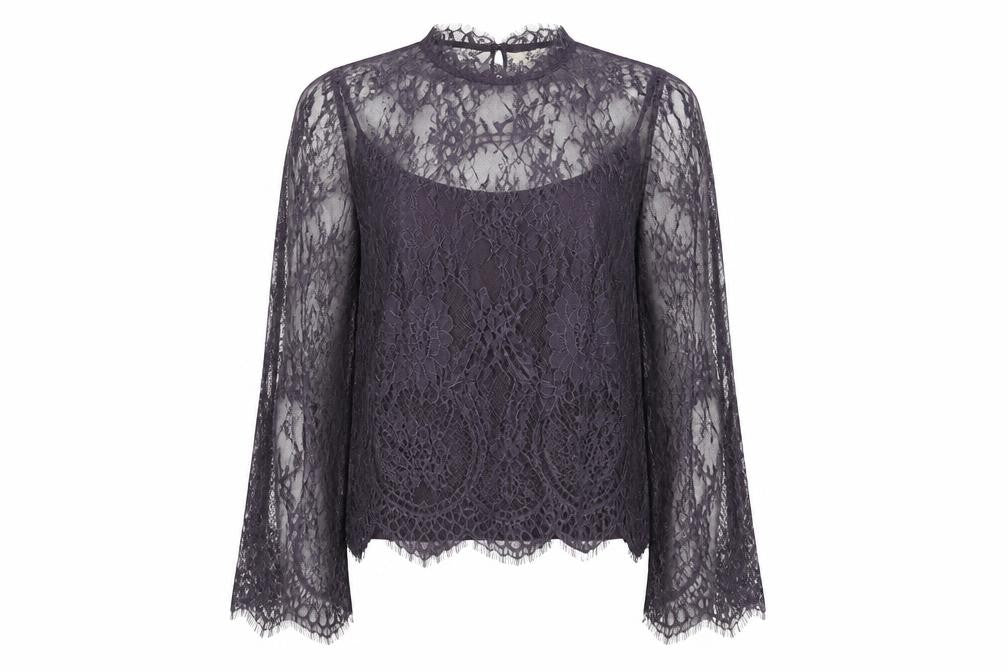 In Other Words Women’s Purple UK 12 Floral Lace Bell Sleeve Blouse