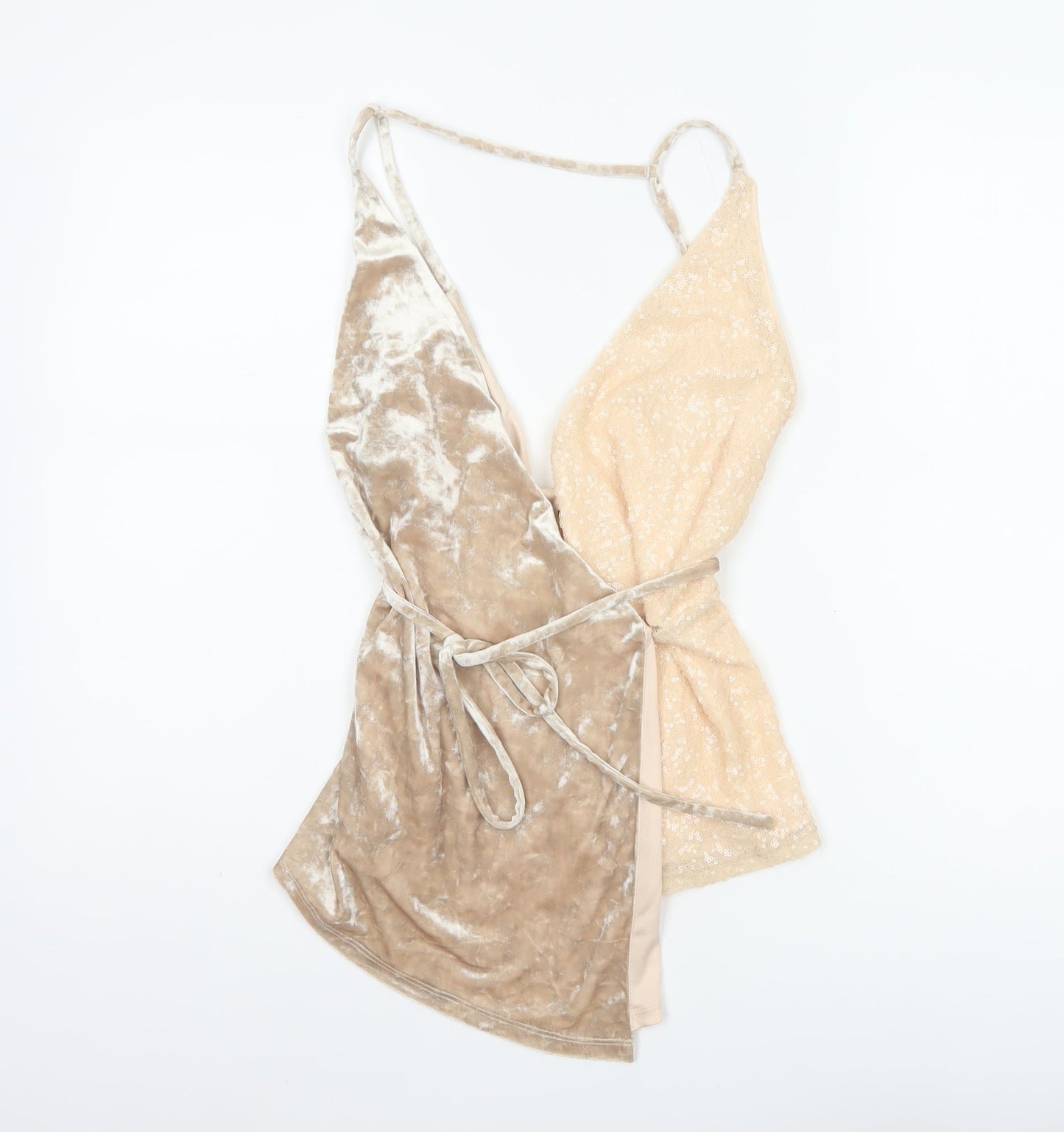 Next Women’s Beige UK 14 Velvet Sequin Wrap Tie Strappy Party Top