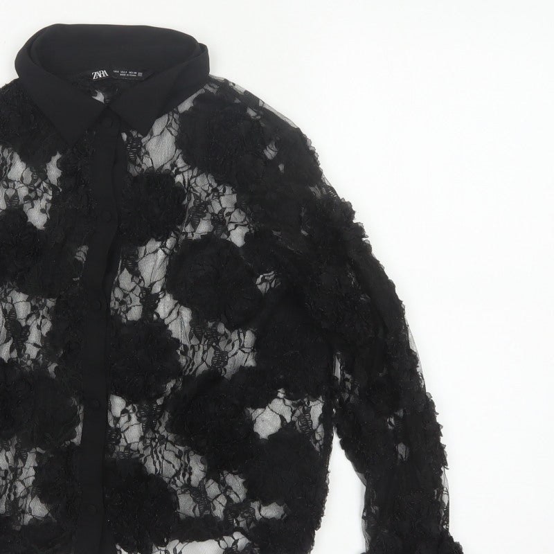 Zara Women Black S Cropped Floral Lace Sheer Button-Up Shirt