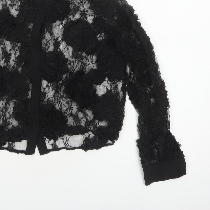 Zara Women Black S Cropped Floral Lace Sheer Button-Up Shirt