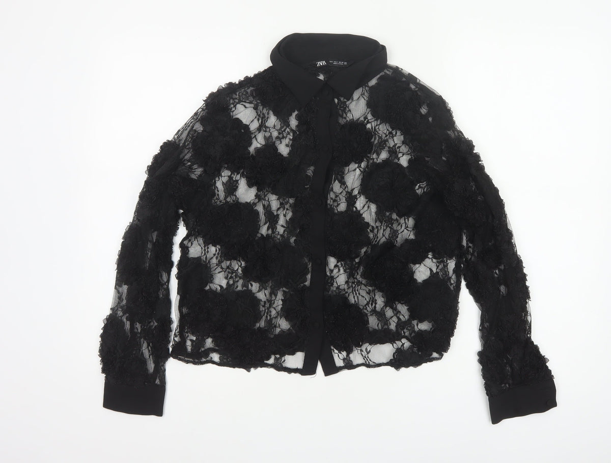 Zara Women Black S Cropped Floral Lace Sheer Button-Up Shirt