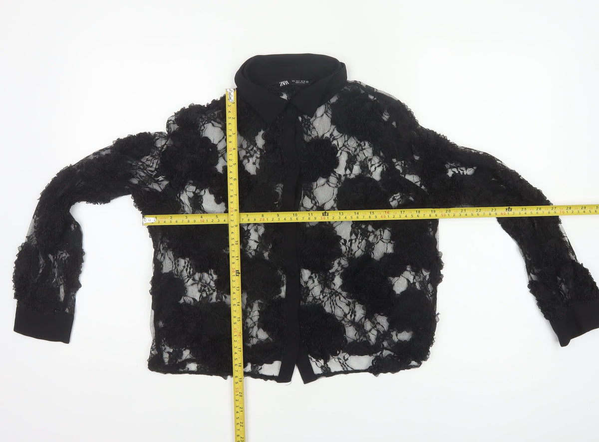 Zara Women Black S Cropped Floral Lace Sheer Button-Up Shirt