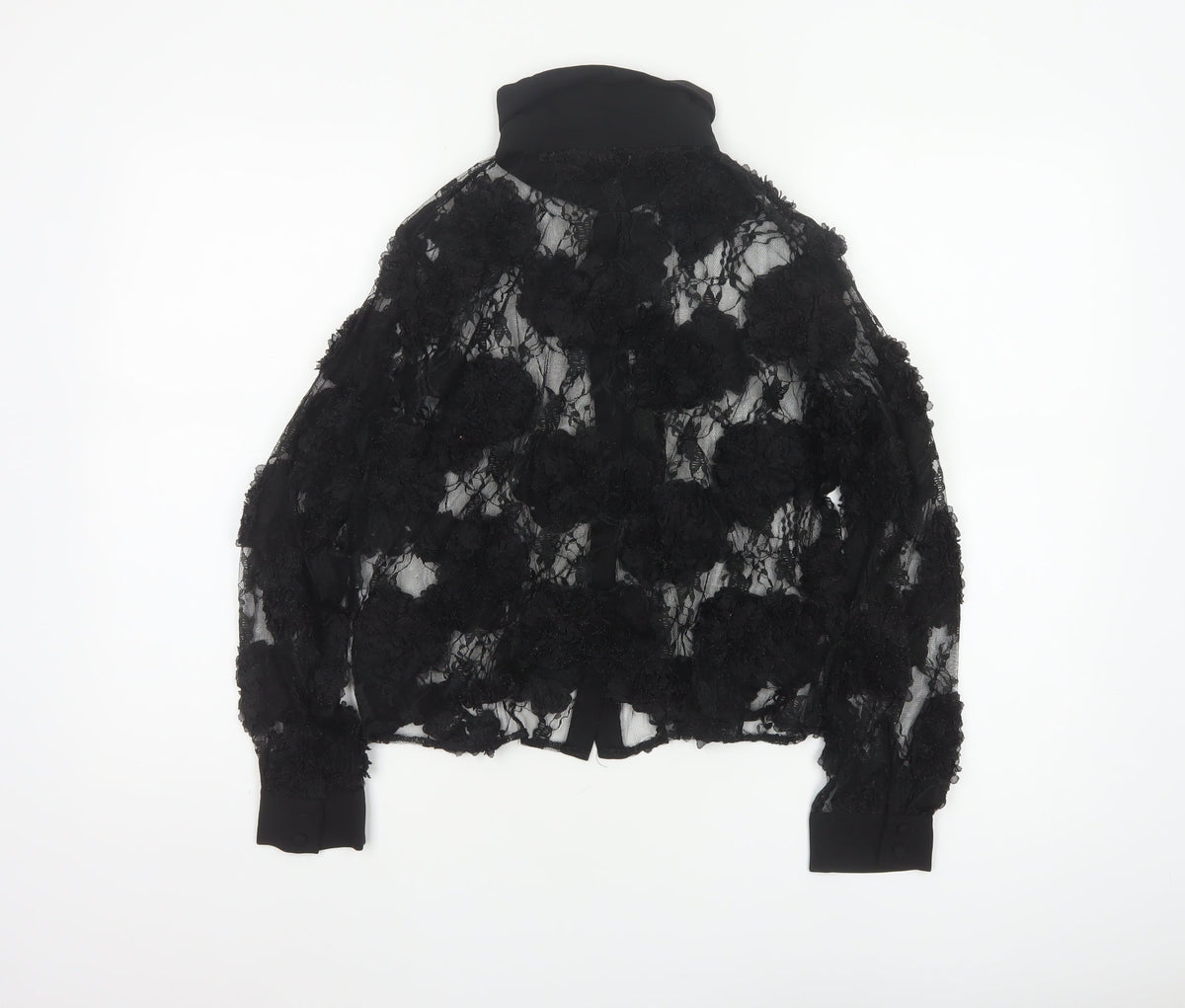 Zara Women Black S Cropped Floral Lace Sheer Button-Up Shirt