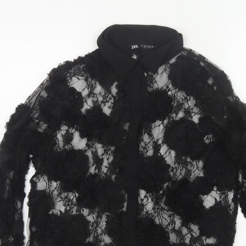 Zara Women Black S Cropped Floral Lace Sheer Button-Up Shirt