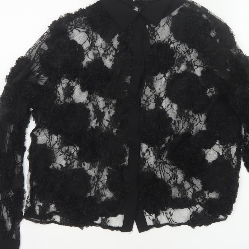 Zara Women Black S Cropped Floral Lace Sheer Button-Up Shirt