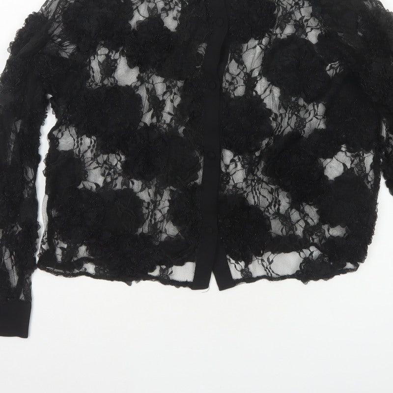Zara Women Black S Cropped Floral Lace Sheer Button-Up Shirt