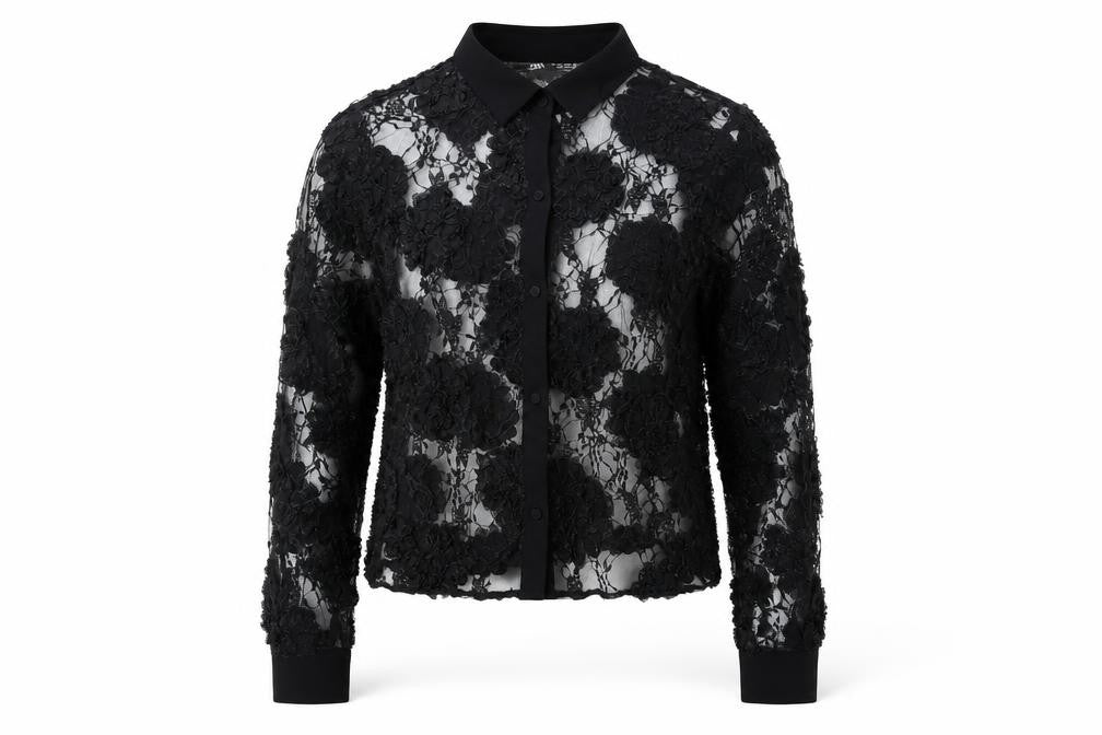 Zara Women Black S Cropped Floral Lace Sheer Button-Up Shirt