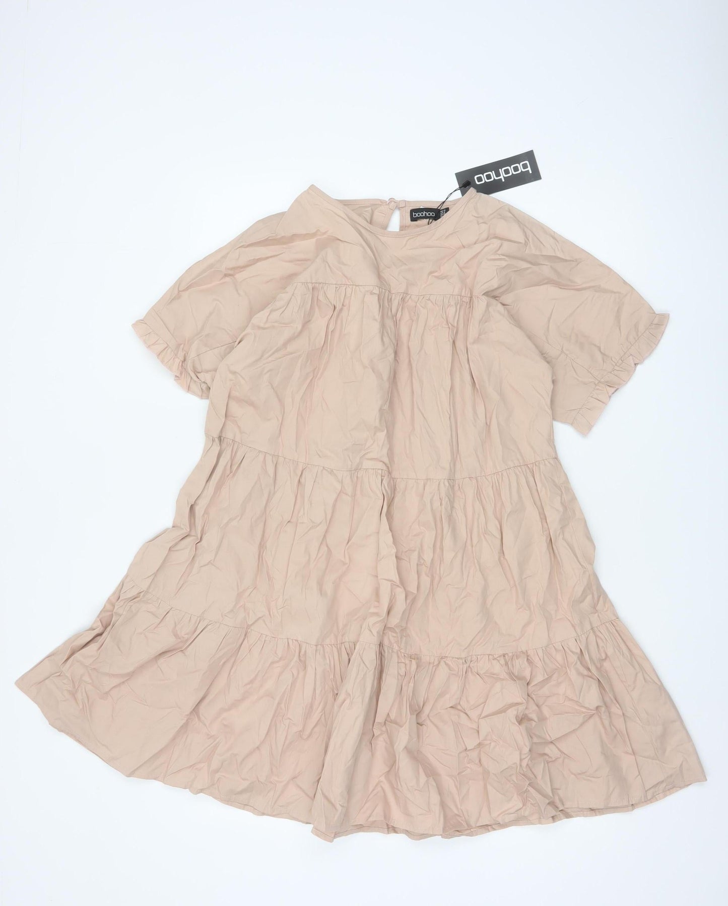 Boohoo Women Beige UK 12 Tiered Swing Knee Length Cotton Dress