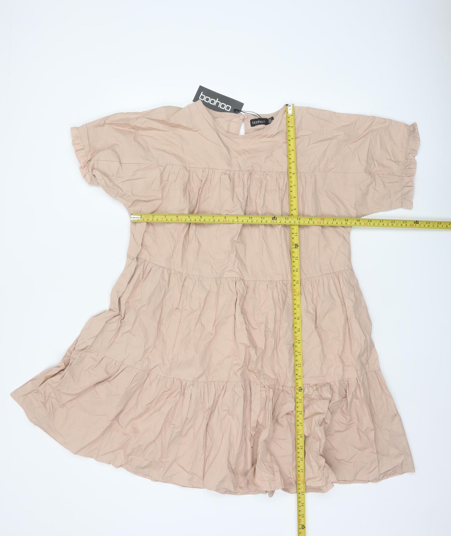 Boohoo Women Beige UK 12 Tiered Swing Knee Length Cotton Dress