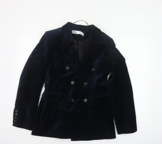 Zara Women’s Navy Blue Velvet Double-Breasted Tuxedo Blazer Size M
