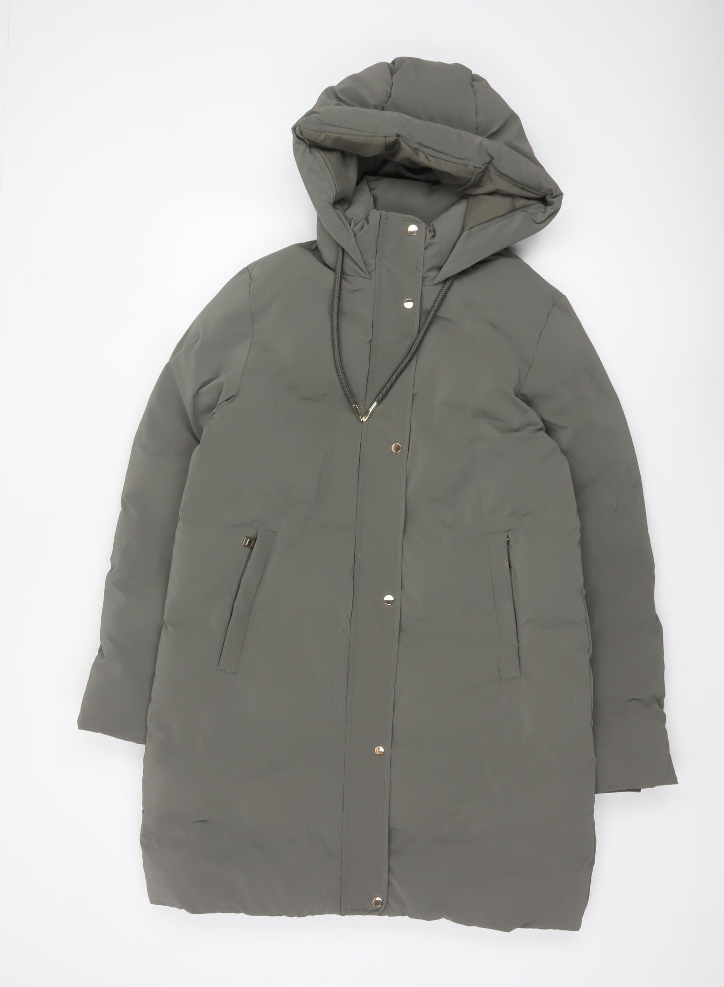 Zara Women Grey S Long Hooded Puffer Coat Padded Zip Pockets