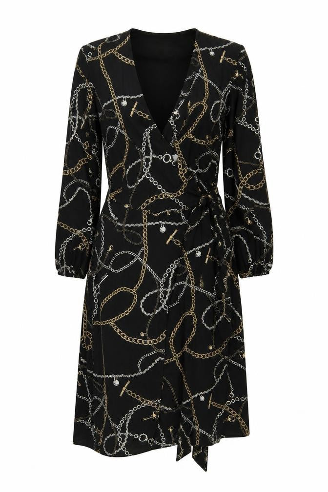 Hobbs Women Black Chain Print Wrap Midi Dress UK 12 Long Sleeve Belted