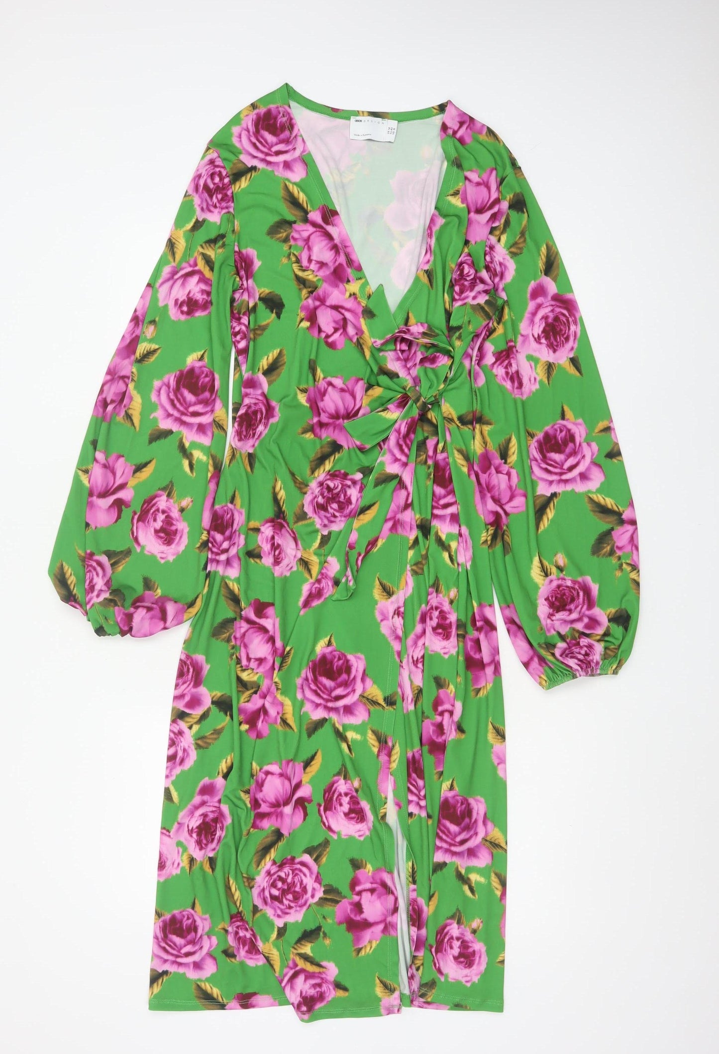 ASOS DESIGN Women Green Floral Wrap Maxi Dress UK 14 V-Neck Balloon Sleeve