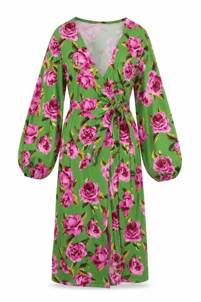 ASOS DESIGN Women Green Floral Wrap Maxi Dress UK 14 V-Neck Balloon Sleeve