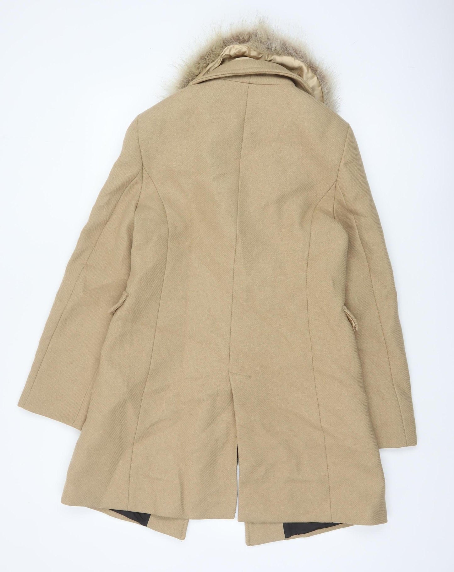 Zara Women Beige S Wool Herringbone Overcoat Fur Trim Long Coat