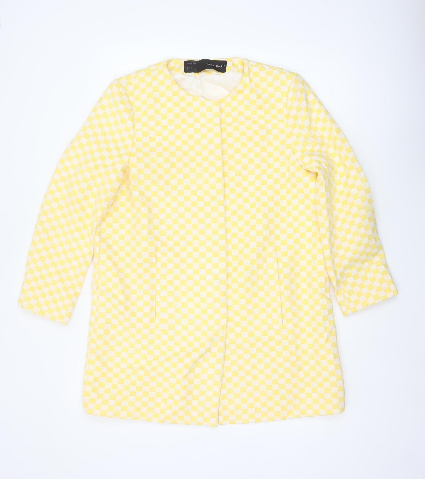 Zara Basic Women Yellow Check Collarless Mid-Length Jacket Size L