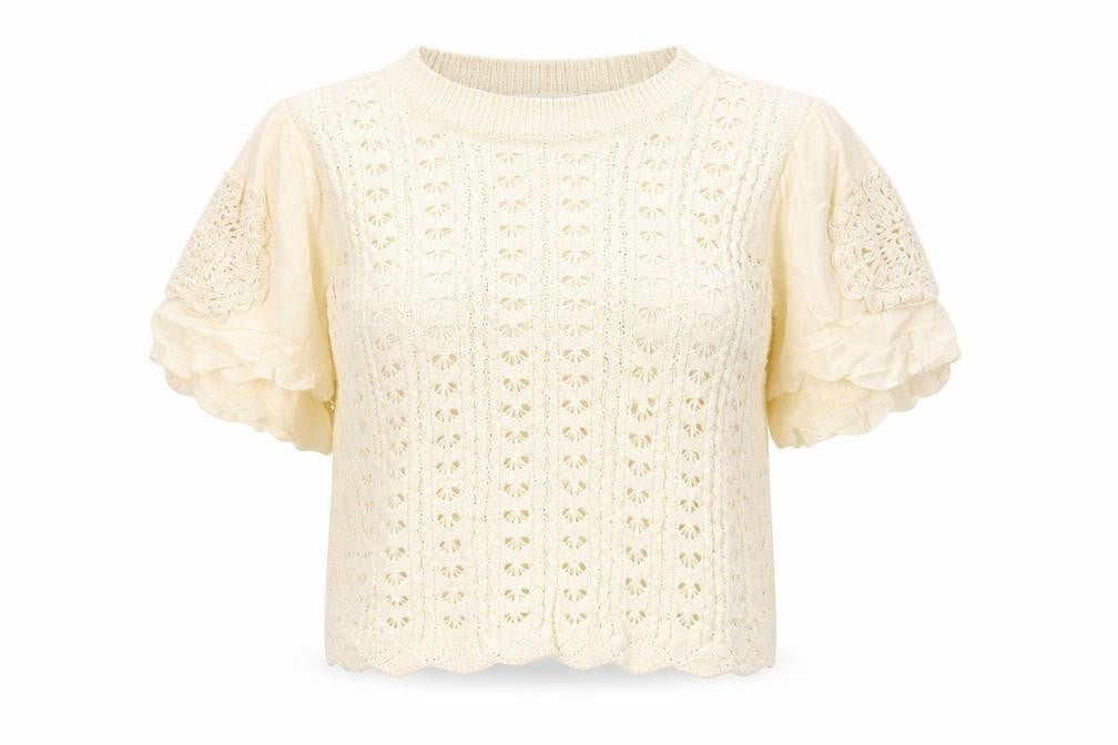 Per Una Women’s Ivory UK 14 Crochet Knit Ruffle Sleeve Blouse