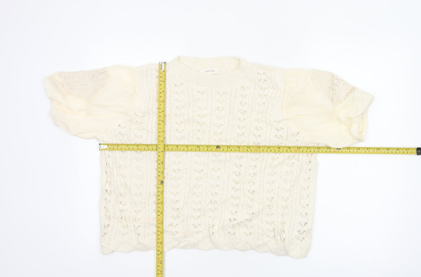 Per Una Women’s Ivory UK 14 Crochet Knit Ruffle Sleeve Blouse
