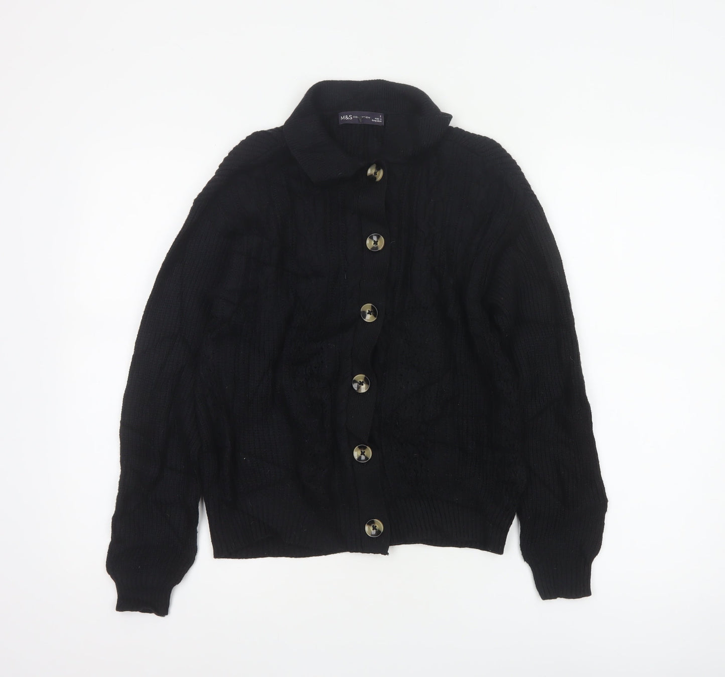 Marks & Spencer Women Black S Cable Knit Collared Button Cardigan