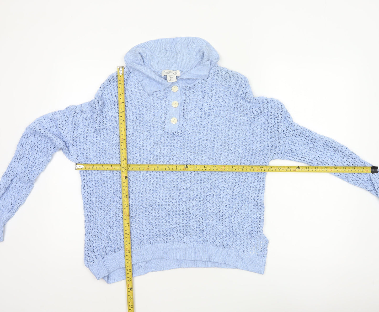 Rachel Zoe Women’s Blue L Open Knit Cowl Neck Henley Jumper