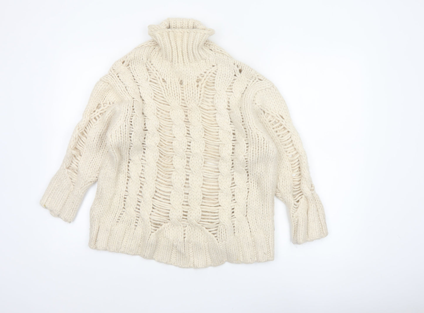 Zara Women Ivory L Cable Knit Roll Neck Chunky Jumper