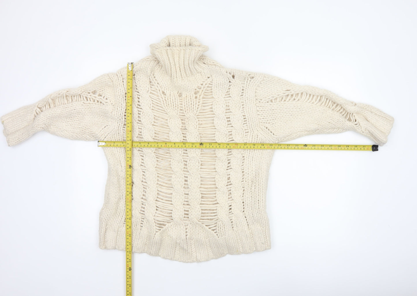Zara Women Ivory L Cable Knit Roll Neck Chunky Jumper