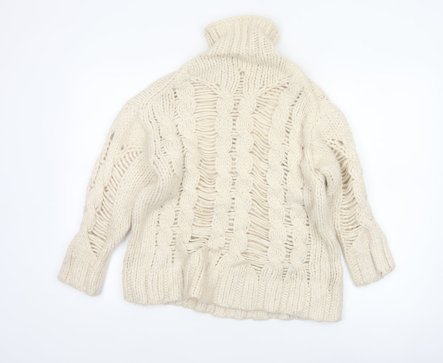 Zara Women Ivory L Cable Knit Roll Neck Chunky Jumper