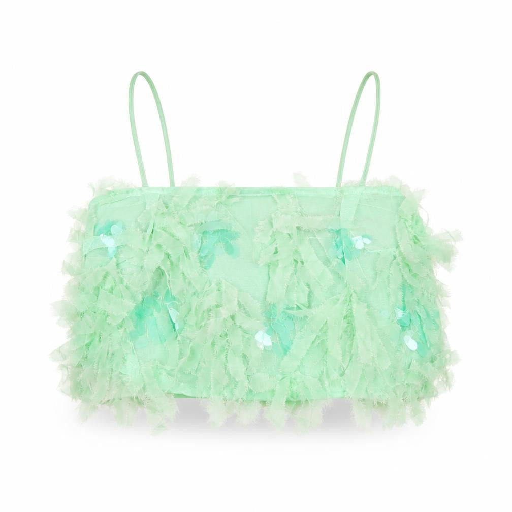 Front view of ASOS Edition Women Green UK 6 Cropped Sequin Ruffle Strappy Tank Top