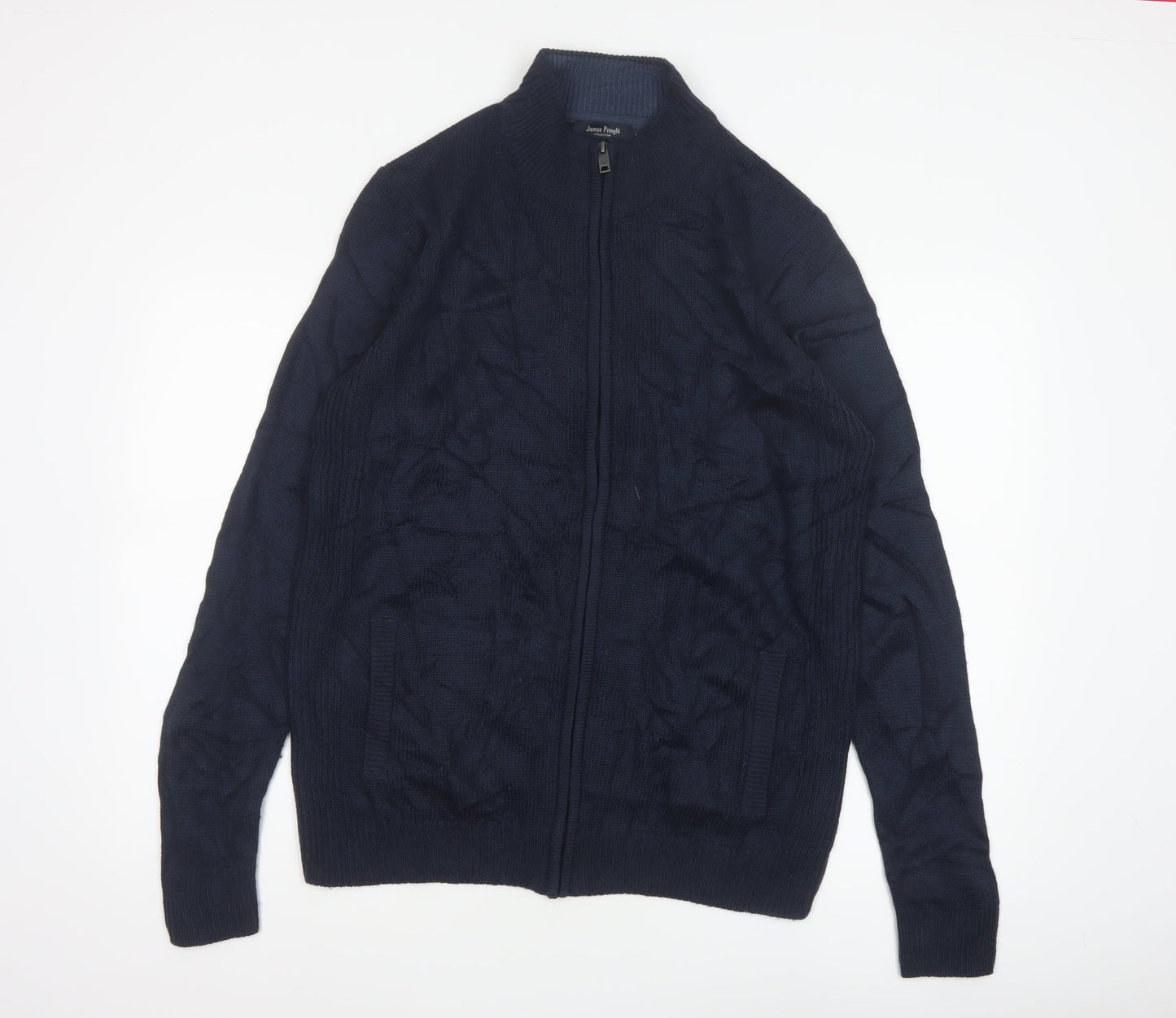 James Pringle Men’s Blue L Full Zip Cable Knit High Neck Jumper