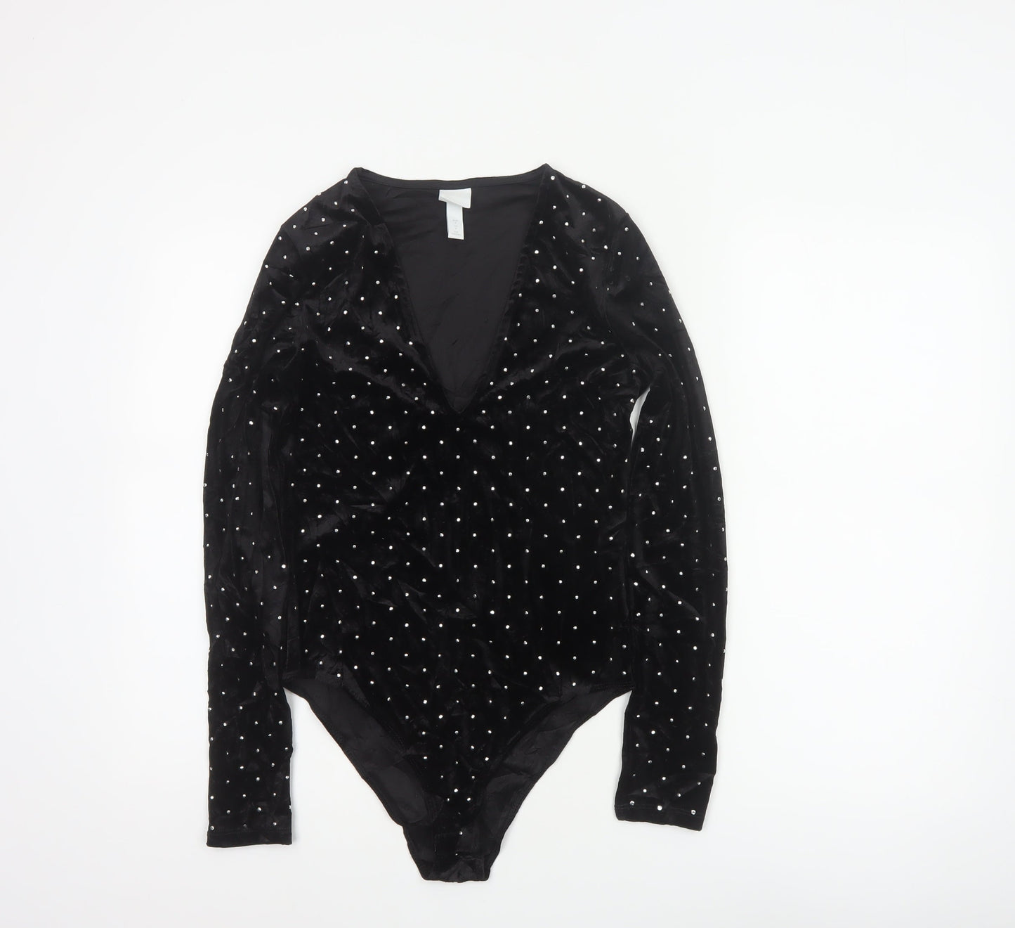 H&M Women Black S Velvet Rhinestone V-Neck Long Sleeve Bodysuit