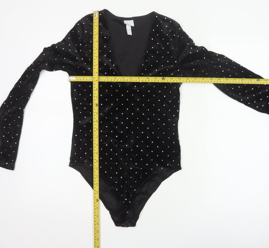 H&M Women Black S Velvet Rhinestone V-Neck Long Sleeve Bodysuit