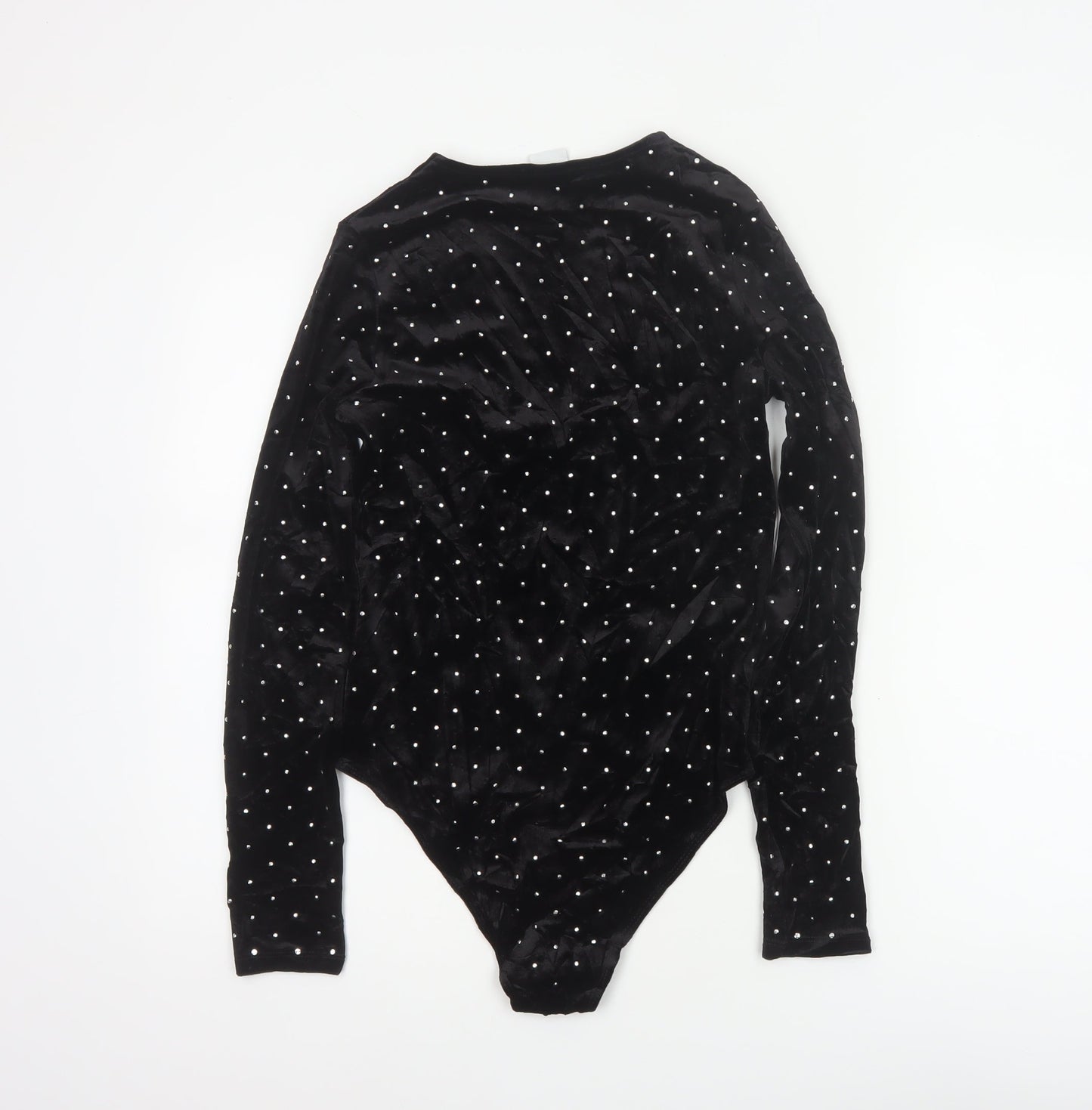 H&M Women Black S Velvet Rhinestone V-Neck Long Sleeve Bodysuit