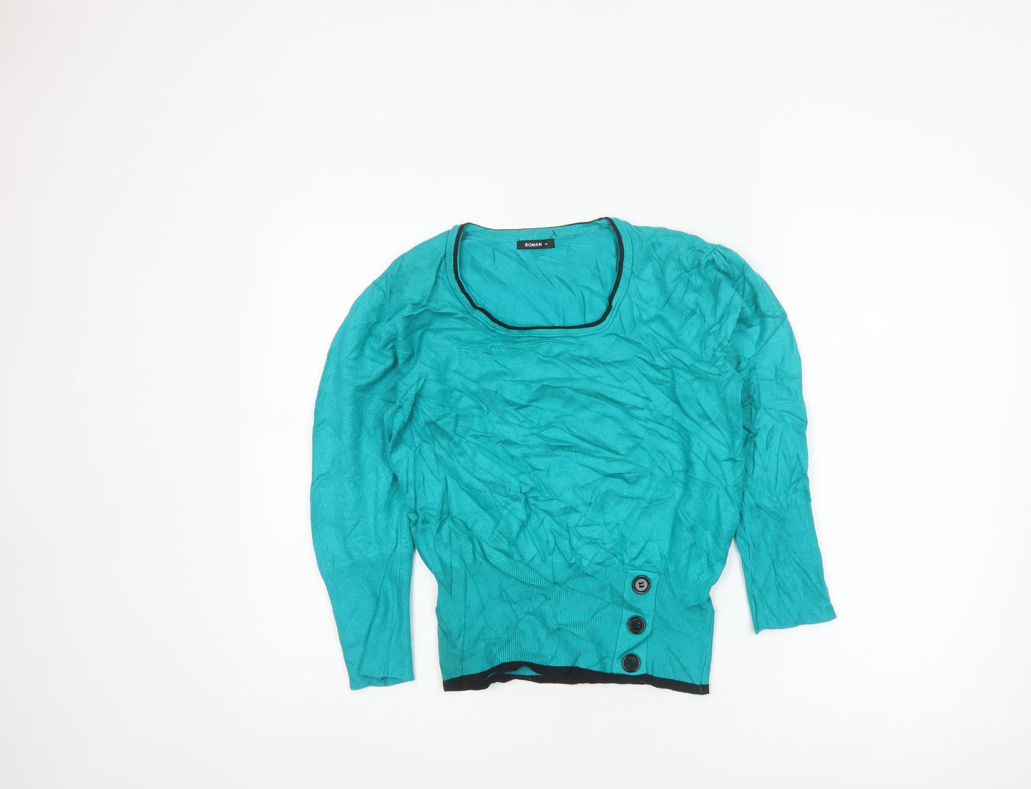 Roman Women Blue Size 10 Scoop Neck Button Detail Knit Jumper
