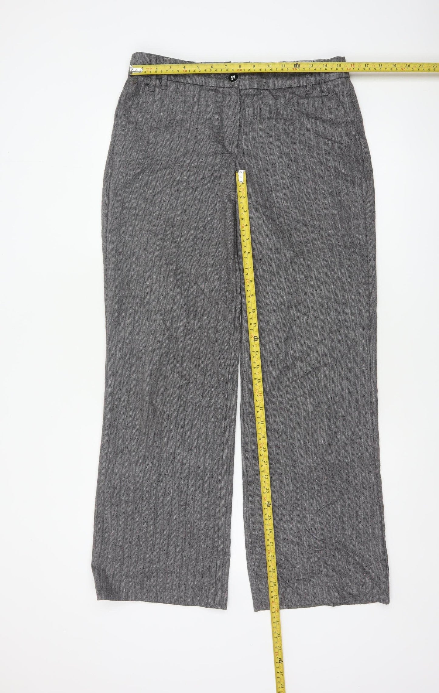 Per Una Women Grey Herringbone Linen Blend Straight Trousers UK 12