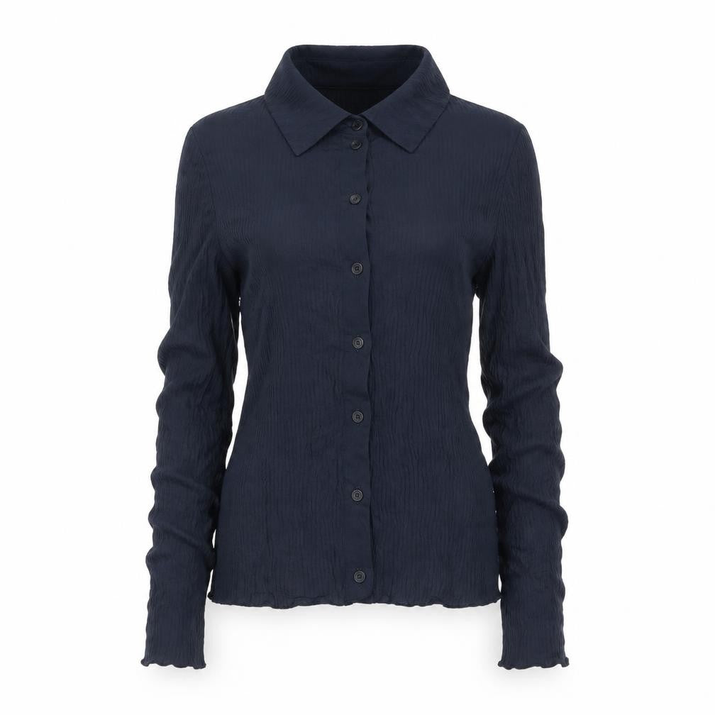 COS Women Blue UK 12 Ribbed Knit Button-Up Collared Long Sleeve Blouse