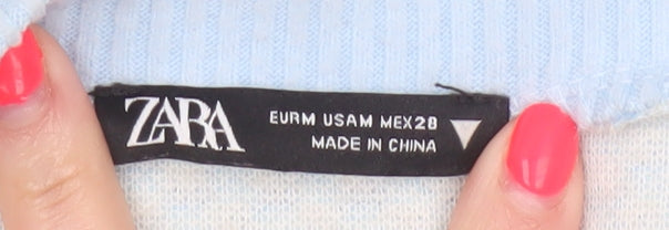 Zara Women Blue Ivory Check Knit V-Neck Button Cardigan Size M