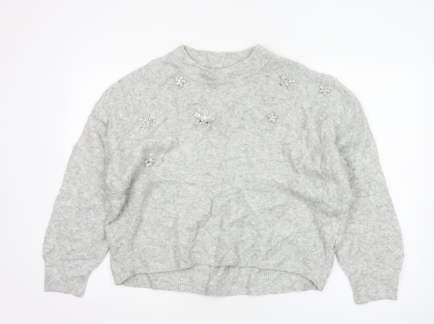 H&M Women Grey UK 8 Star Embellished Crew Neck Knit Jumper
