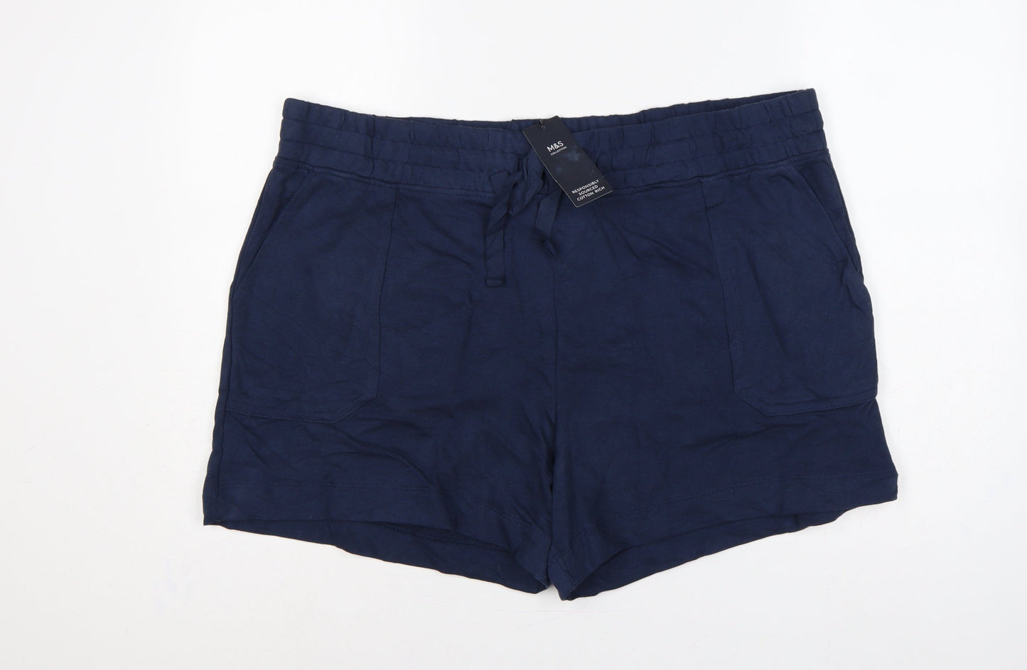 Marks & Spencer Women Blue Size 22 Drawstring Jersey Shorts Pockets
