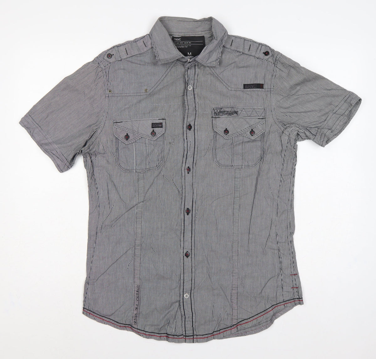 Back view of Next Men's Grey M Slim Fit Striped Military Pocket Short Sleeve Shirt