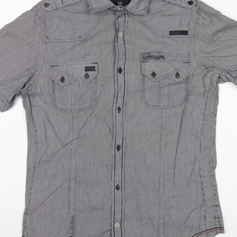 Additional view of Next Men's Grey M Slim Fit Striped Military Pocket Short Sleeve Shirt