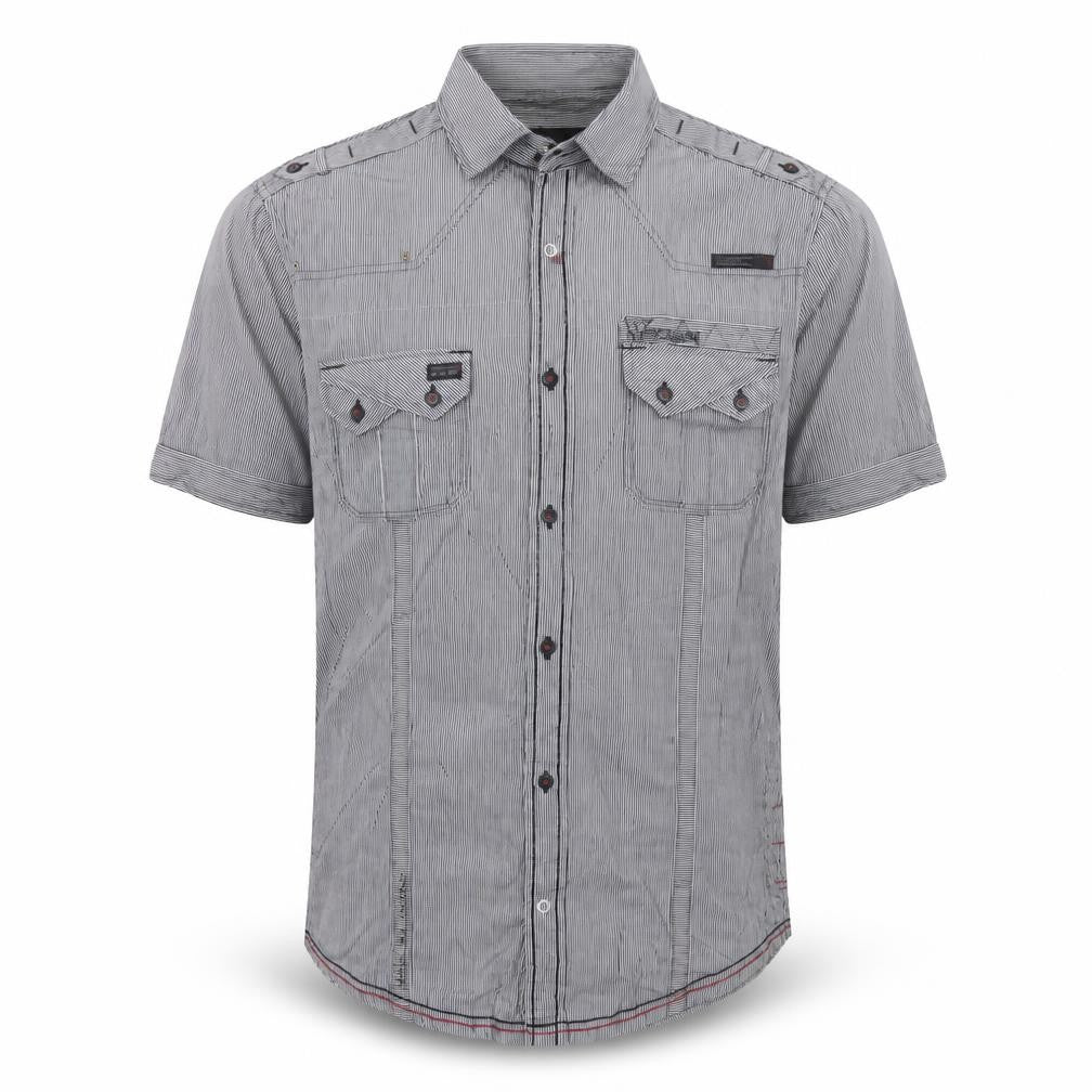 Front view of Next Men's Grey M Slim Fit Striped Military Pocket Short Sleeve Shirt