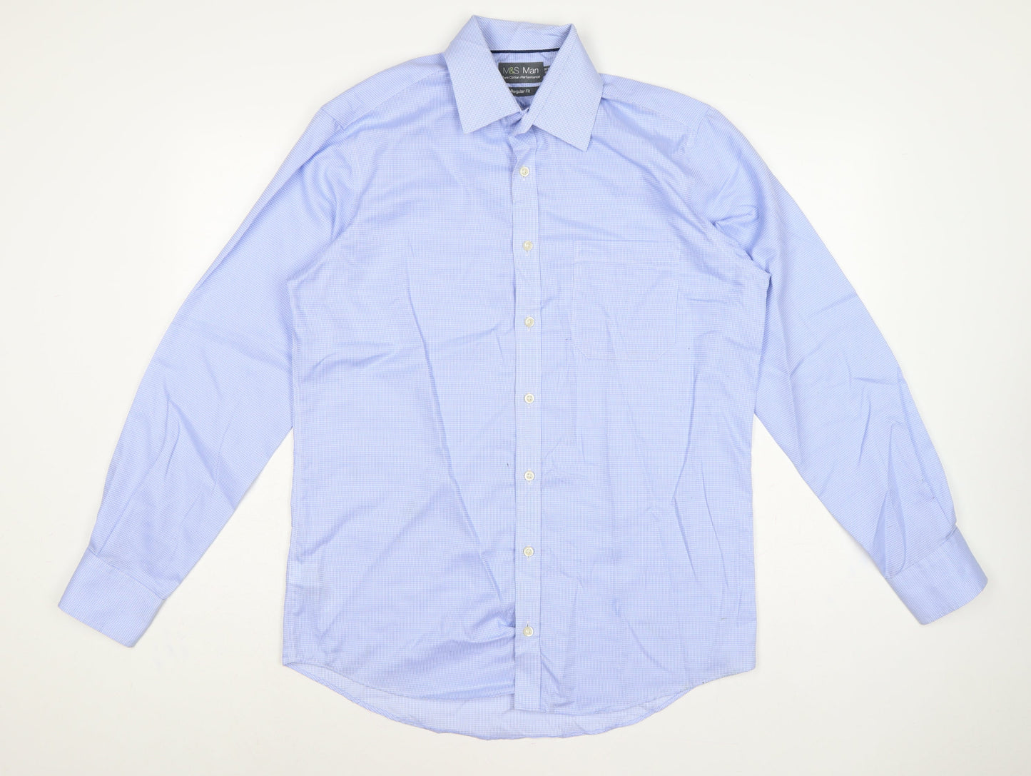 Marks and Spencer Men Blue 15.5 Regular Fit Cotton Gingham Dress Shirt