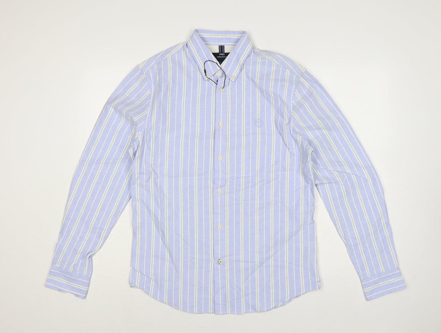 Marks & Spencer Men Blue S Striped Button-Down Cotton Shirt
