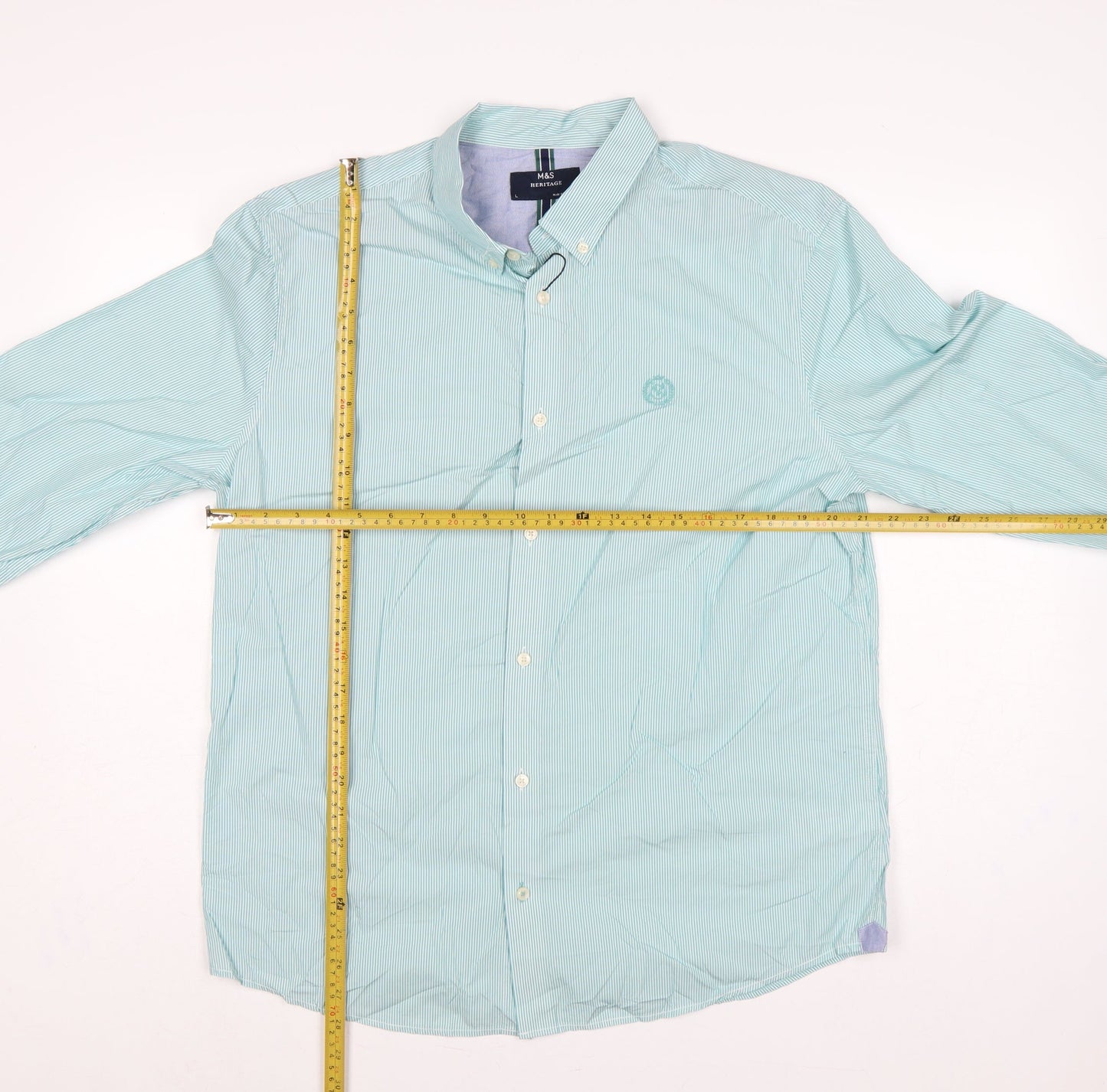 Marks and Spencer Men Green L Heritage Striped Button-Down Cotton Shirt