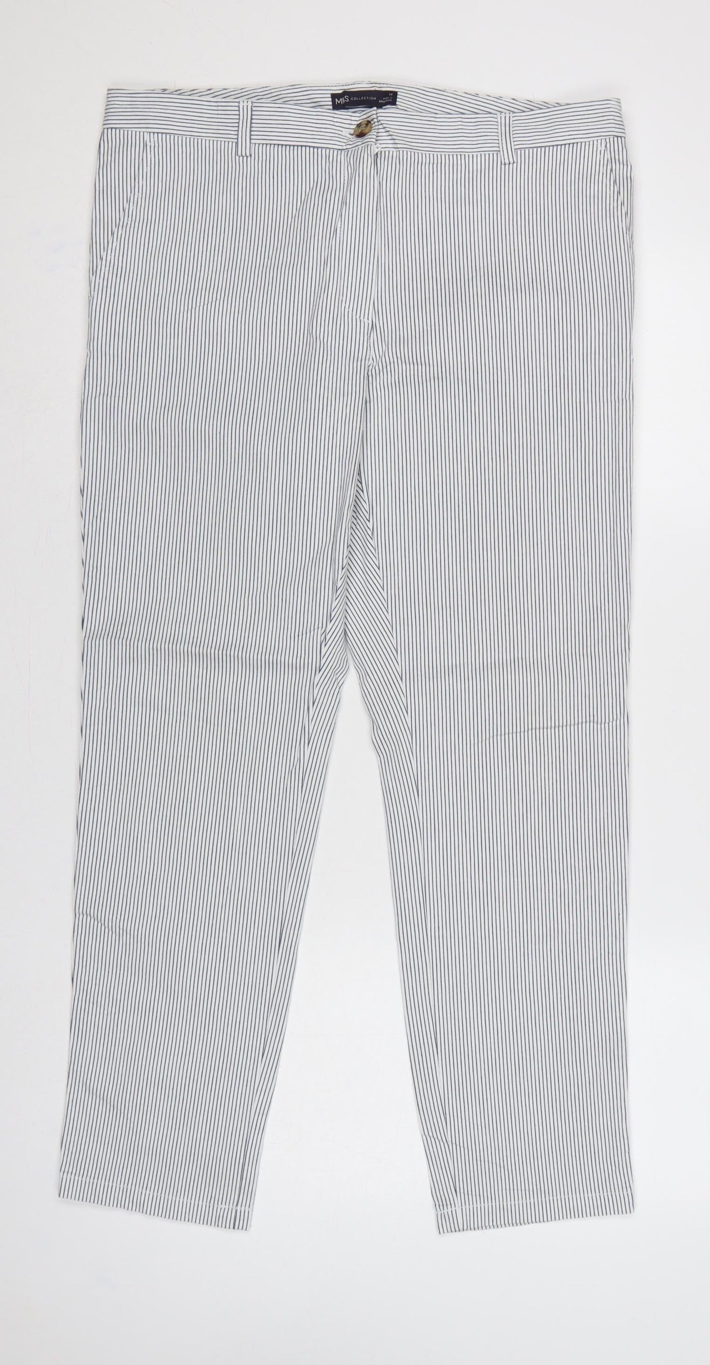 Marks & Spencer Women's White Blue Stripe UK 14 Regular Chino Trousers