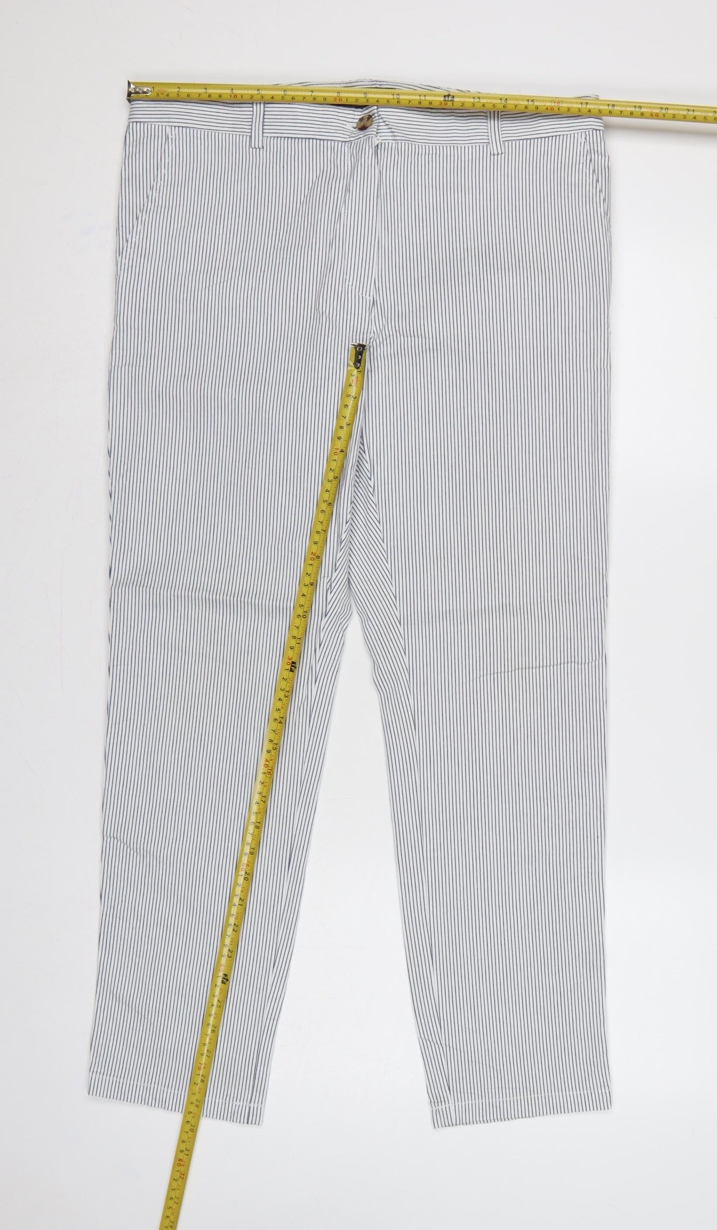 Marks & Spencer Women's White Blue Stripe UK 14 Regular Chino Trousers